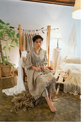 Vestido largo Madeline de lino y algodón con mangas abullonadas y volantes