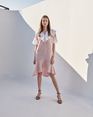 Ruffle Collar Linen Dress with Flounced Hem and Layered Sleeves for Elegant Summer Style