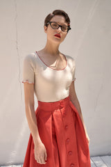 High-Waisted Linen Midi Skirt with Pleated Front and Button Detailing