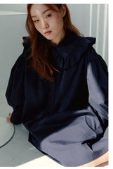 Elegant Puff Sleeve Linen Mini Dress with Ruffle Collar