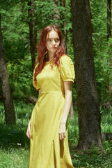 Puff Sleeve Midi A-Line Linen Dress With Flared Hem