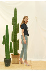 Tailored Linen Wrap Blouse with Puff Sleeves and Side Tie for Feminine Structured Fit