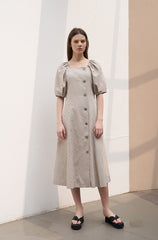 Square Neck Linen Midi Dress with Puff Sleeves and Button-Front A-Line Silhouette