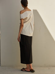 Asymmetrical Button-Down Linen Blouse with Off-Shoulder Neckline and Waist Tie Detail