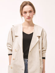 Double-Breasted Linen Wrap Dress With Puff Sleeves and Tailored Silhouette for Women