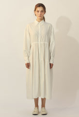 Long Sleeve Cotton Poplin Shirt Dress with Button-Down Front and Gathered Waist Detail