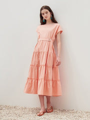 Tiered Cotton Poplin Midi Dress with Belt and Cap Sleeves – Lightweight Feminine Silhouette