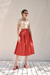 High-Waisted Linen Midi Skirt with Pleated Front and Button Detailing