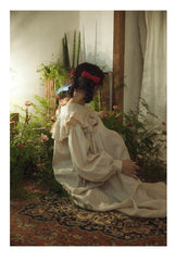 Vestido de lino y algodón Sherry con mangas largas y volantes