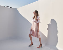 Ruffle Collar Linen Dress with Flounced Hem and Layered Sleeves for Elegant Summer Style