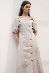Square Neck Linen Midi Dress with Puff Sleeves and Button-Front A-Line Silhouette