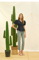 Tailored Linen Wrap Blouse with Puff Sleeves and Side Tie for Feminine Structured Fit