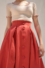 High-Waisted Linen Midi Skirt with Pleated Front and Button Detailing