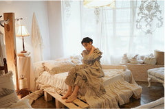 Vestido largo Madeline de lino y algodón con mangas abullonadas y volantes