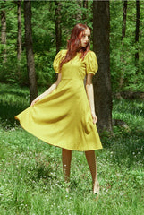 Puff Sleeve Midi A-Line Linen Dress With Flared Hem