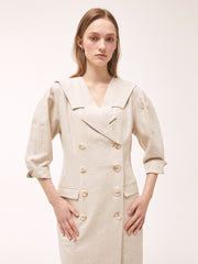 Double-Breasted Linen Wrap Dress With Puff Sleeves and Tailored Silhouette for Women