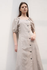 Square Neck Linen Midi Dress with Puff Sleeves and Button-Front A-Line Silhouette