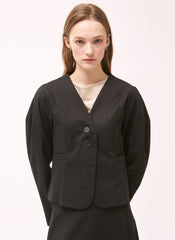 Tailored Linen Blazer With Structured Puff Sleeves And Button Closure For Modern Elegance