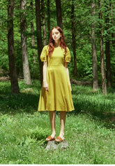 Puff Sleeve Midi A-Line Linen Dress With Flared Hem