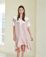 Ruffle Collar Linen Dress with Flounced Hem and Layered Sleeves for Elegant Summer Style