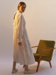 Long Sleeve Cotton Poplin Shirt Dress with Button-Down Front and Gathered Waist Detail