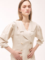 Double-Breasted Linen Wrap Dress With Puff Sleeves and Tailored Silhouette for Women