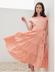 Tiered Cotton Poplin Midi Dress with Belt and Cap Sleeves – Lightweight Feminine Silhouette