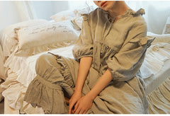 Vestido largo Madeline de lino y algodón con mangas abullonadas y volantes