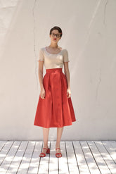 High-Waisted Linen Midi Skirt with Pleated Front and Button Detailing
