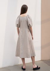 Square Neck Linen Midi Dress with Puff Sleeves and Button-Front A-Line Silhouette