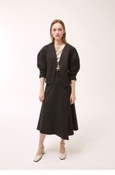 A-Line Linen Midi Skirt with Side Button Detail and Overlapping Front Panel