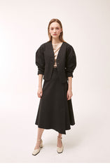 A-Line Linen Midi Skirt with Side Button Detail and Overlapping Front Panel