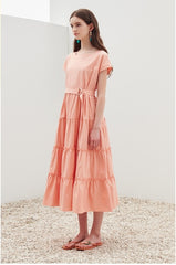 Tiered Cotton Poplin Midi Dress with Belt and Cap Sleeves – Lightweight Feminine Silhouette