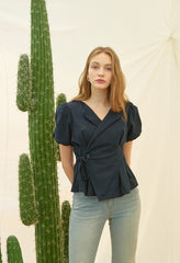 Tailored Linen Wrap Blouse with Puff Sleeves and Side Tie for Feminine Structured Fit