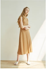 Elegant Sleeveless Midi Dress for Women Made with Premium Linen and Back Lace-Up Detail