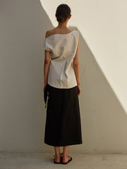 Asymmetrical Button-Down Linen Blouse with Off-Shoulder Neckline and Waist Tie Detail