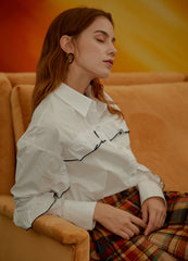 Women's Cotton Poplin Button-Up Shirt with Ruffled Sleeves and Tailored Fit Top