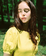 Puff Sleeve Midi A-Line Linen Dress With Flared Hem