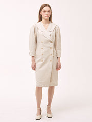 Double-Breasted Linen Wrap Dress With Puff Sleeves and Tailored Silhouette for Women