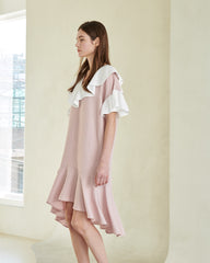 Ruffle Collar Linen Dress with Flounced Hem and Layered Sleeves for Elegant Summer Style
