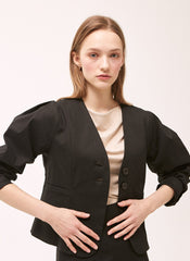 Tailored Linen Blazer With Structured Puff Sleeves And Button Closure For Modern Elegance