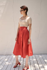 High-Waisted Linen Midi Skirt with Pleated Front and Button Detailing