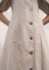 Square Neck Linen Midi Dress with Puff Sleeves and Button-Front A-Line Silhouette
