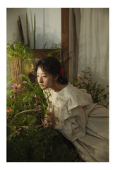 Vestido de lino y algodón Sherry con mangas largas y volantes