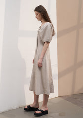 Square Neck Linen Midi Dress with Puff Sleeves and Button-Front A-Line Silhouette