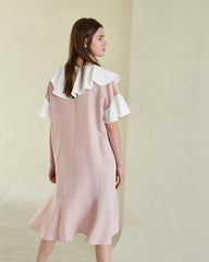 Ruffle Collar Linen Dress with Flounced Hem and Layered Sleeves for Elegant Summer Style