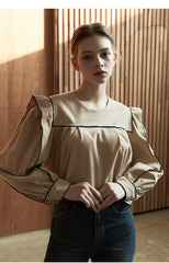 Linen Blouse with Contrast Piping and Structured Sleeves – Women’s Vintage-Inspired Top