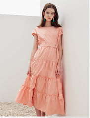 Tiered Cotton Poplin Midi Dress with Belt and Cap Sleeves – Lightweight Feminine Silhouette