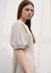 Square Neck Linen Midi Dress with Puff Sleeves and Button-Front A-Line Silhouette