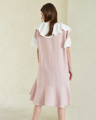 Ruffle Collar Linen Dress with Flounced Hem and Layered Sleeves for Elegant Summer Style